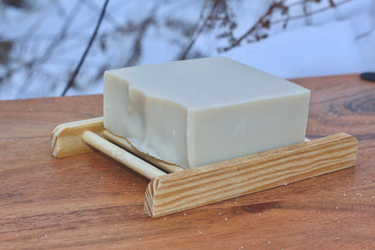 Soothing Aloe all-natural Soap side view on wood soap dish