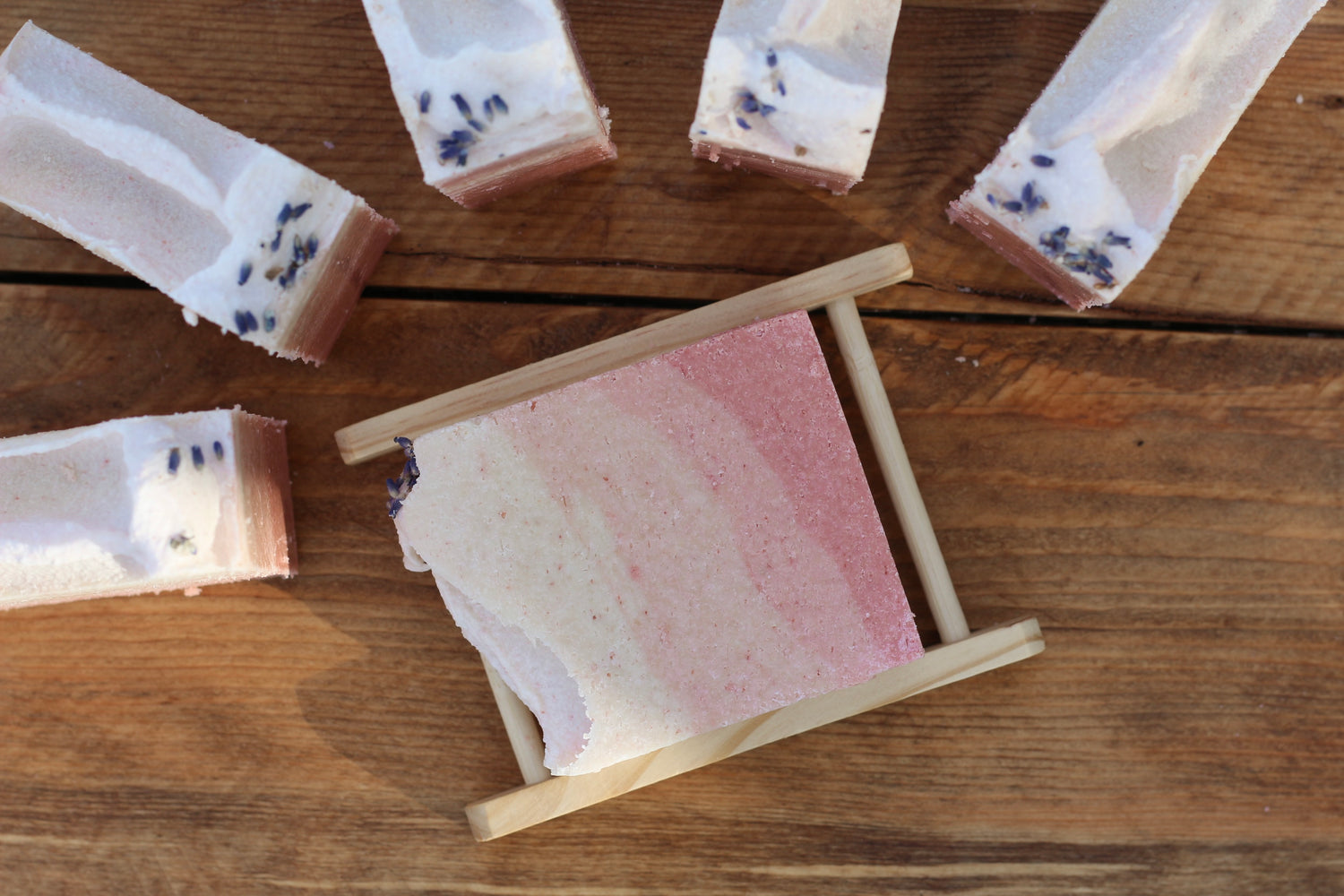 Summer Dreams All-Natural Handmade Pink Himalayan Salt Soap No Label View of Pink Clay Gradient Layers and Soap Tops on Soap Dish