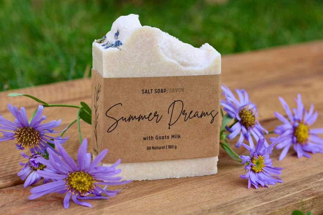 Summer Dreams All-Natural Handmade Pink Himalayan Salt Soap Side View with Flowers