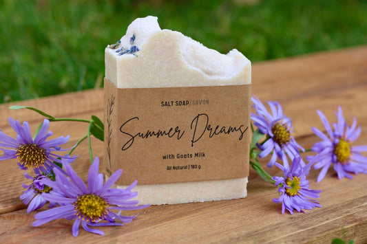 Summer Dreams All-Natural Handmade Pink Himalayan Salt Soap Side View with Flowers