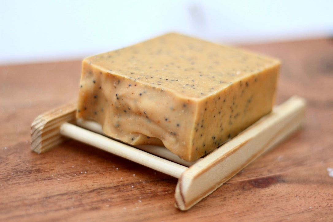 Turmeric and Apple Cider VinegarAll-Natural Handmade Tallow Soap with Exfoliation No Label Top View on Soap Dish
