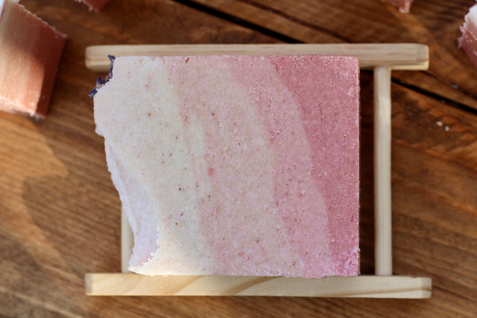 Summer Dreams All-Natural Handmade Pink Himalayan Salt Soap Pink Clay Gradient Layers Front View on Soap Dish